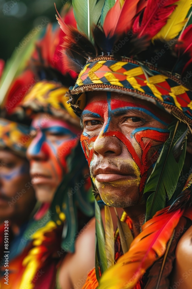 Group of people wearing elaborate costumes with painted faces and feathers, celebrating Mardi Gras Group of people wearing elaborate costumes with painted faces and feathers, celebrating Mardi Gras