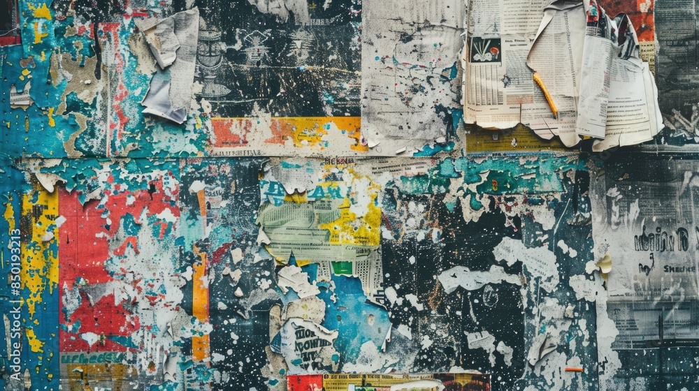 Fototapeta premium A colorful and busy wall covered with various types of papers, notes, and documents