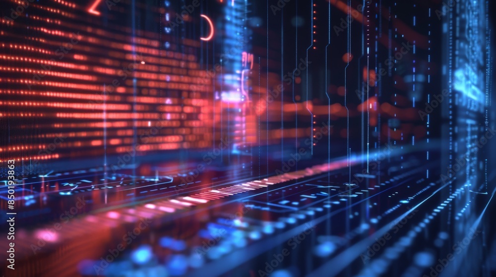 Fototapeta premium Binary code. Red and blue glowing numbers. Technology background.