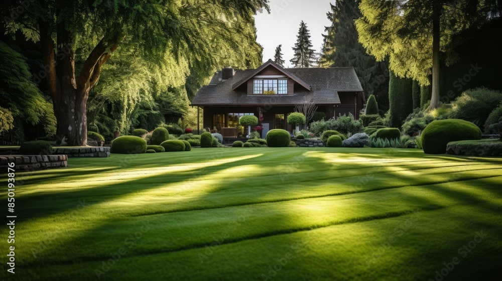 Lush lawn, colorful flowerbed, and vibrant shrubs in sunny residential backyard setting Lush lawn, colorful flowerbed, and vibrant shrubs in sunny residential backyard setting