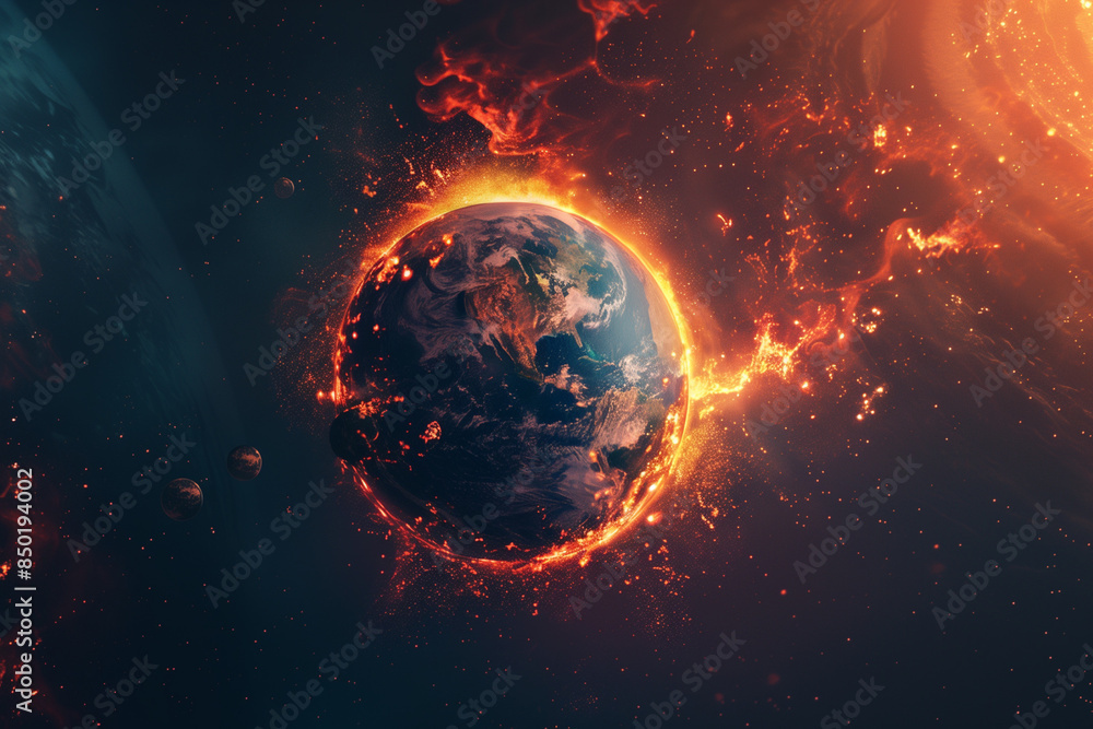 planet engulfed in flames with a dark and intense cosmic backdrop, monitor planet engulfed in flames with a dark and intense cosmic backdrop, monitor