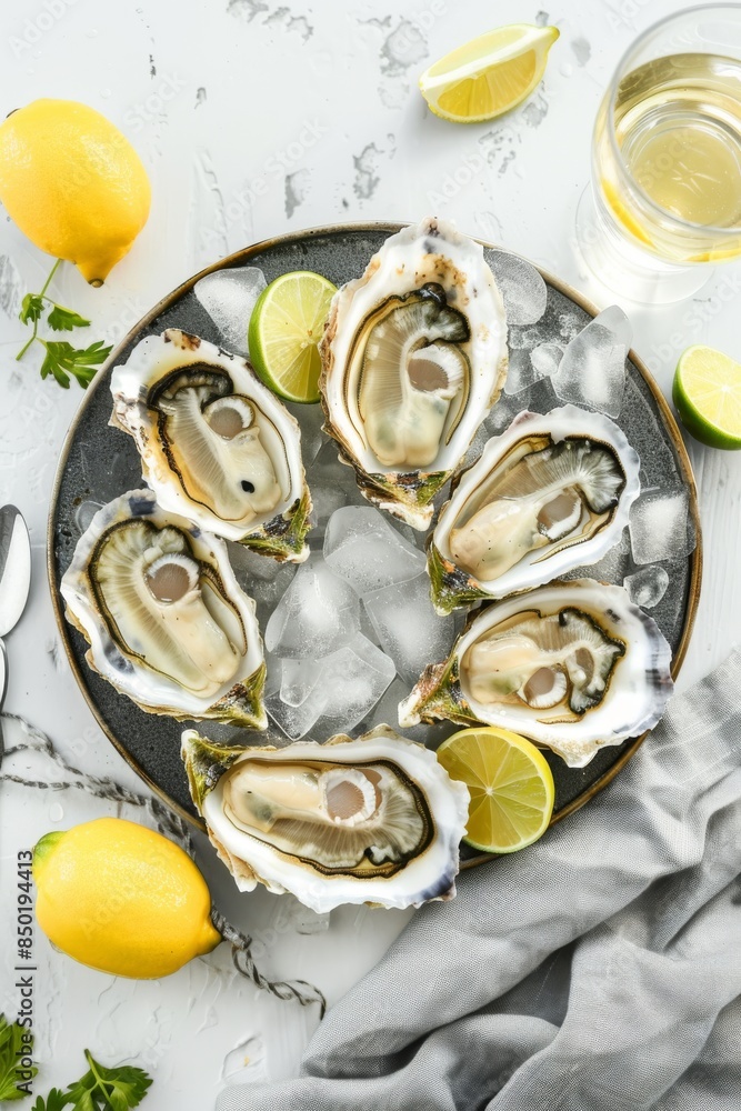 Top view of a plate of fresh oysters with lemon and lime on ice