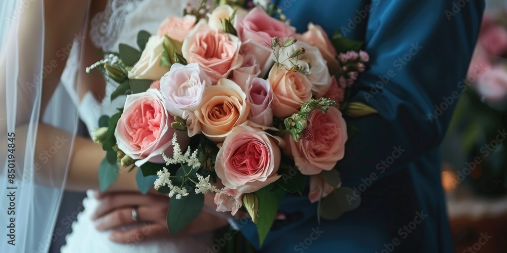 A happy bride holds a beautiful bouquet of pink roses A happy bride holds a beautiful bouquet of pink roses