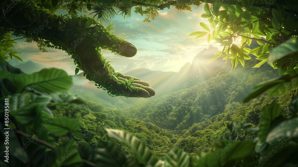 Lush Green Forest with Nature Hand. A high-quality photocomposition of a lush green forest with a unique twist—a large hand made of intertwined vines and leaves extending out, symbolizing the harmony Lush Green Forest with Nature Hand. A high-quality photocomposition of a lush green forest with a unique twist—a large hand made of intertwined vines and leaves extending out, symbolizing the harmony