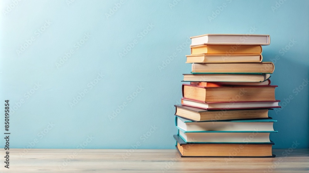 A neatly organized stack of books, varying in size and color, resting against a soft light blue background, conveying a sense of serene study and relaxation. A neatly organized stack of books, varying in size and color, resting against a soft light blue background, conveying a sense of serene study and relaxation.