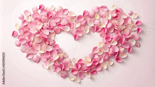 Delicate pink flower petals scattered around an empty heart-shaped copy space, perfect for romantic or love-themed designs, inviting and tender atmosphere.