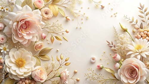Delicate white background adorned with soft pink and golden floral arrangement, perfect for anniversary, wedding, birthday, and mother's day celebration cards.