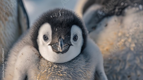Cute baby penguin staring at the camera with a curious look on its face.