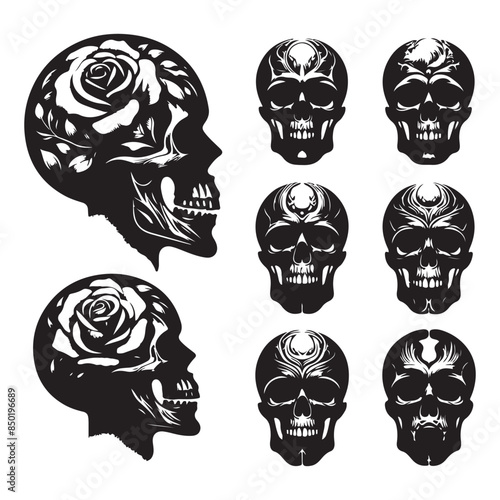 Silhouette set of skull head. Vector isolated illustration