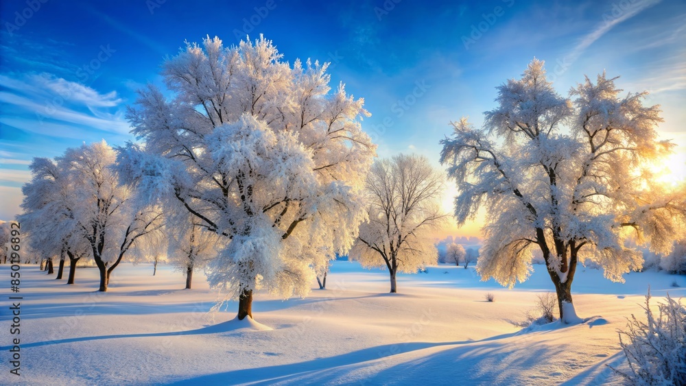 Fototapeta premium Spare, frosty trees stand tall amidst a serene winter wonderland, enveloped in a gentle cascade of snowflakes, blanketing the landscape in icy silence.
