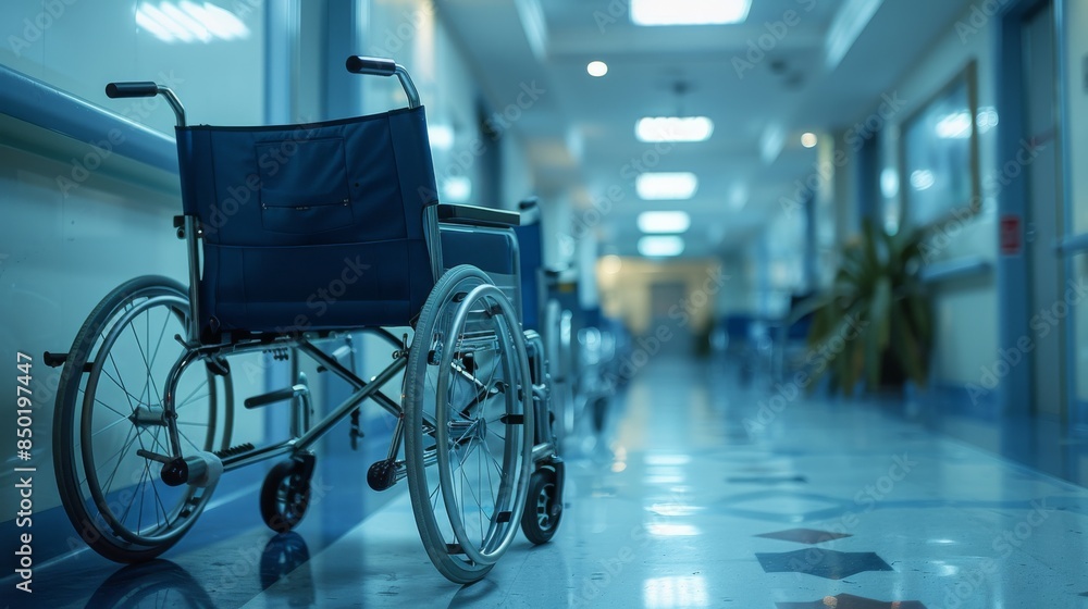 Wheelchairs in Hospital Waiting for Patient Services in a Healthcare Facility Wheelchairs in Hospital Waiting for Patient Services in a Healthcare Facility