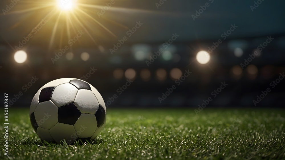 Soccer ball on stadium background, football,  green grass background.