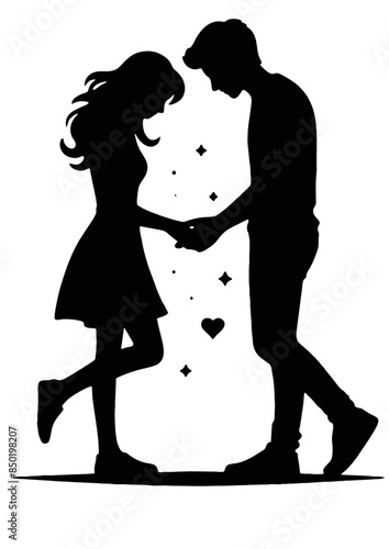 Romantic Silhouette of Couple in Love with Floral Elements