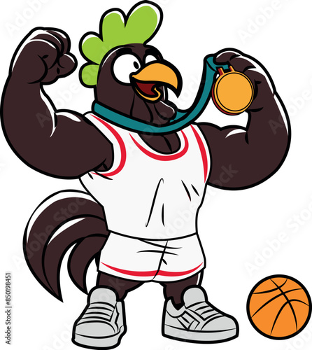 joueur de basketball qui les mains en l'air en symbole de victoire, en tenant une médaille d'or, et à ses pieds il y a un ballon de basketball