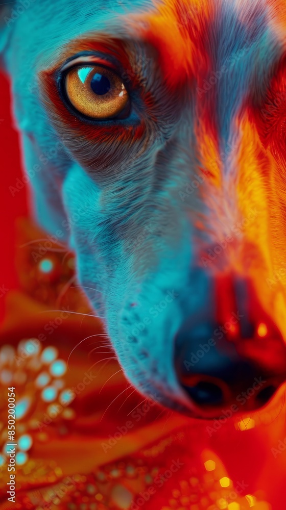 A blue whippet with golden eyes is wearing an artistic look of orange, red and blue. The makeup around her eyes. A blue whippet with golden eyes is wearing an artistic look of orange, red and blue. The makeup around her eyes.