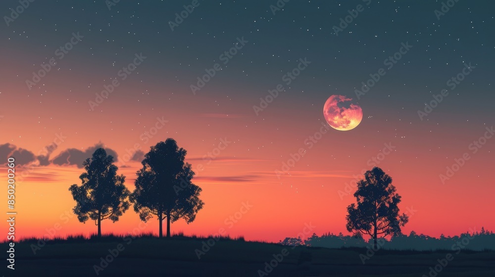 A serene landscape featuring the silhouette of trees A serene landscape featuring the silhouette of trees