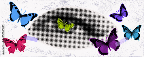 Woman's eye with butterflies, modern collage art. Visual distortion, hallucination, illusion. Multi-colored butterflies, a different view of beauty. Paper cutouts, halftone effect, grunge, vector.