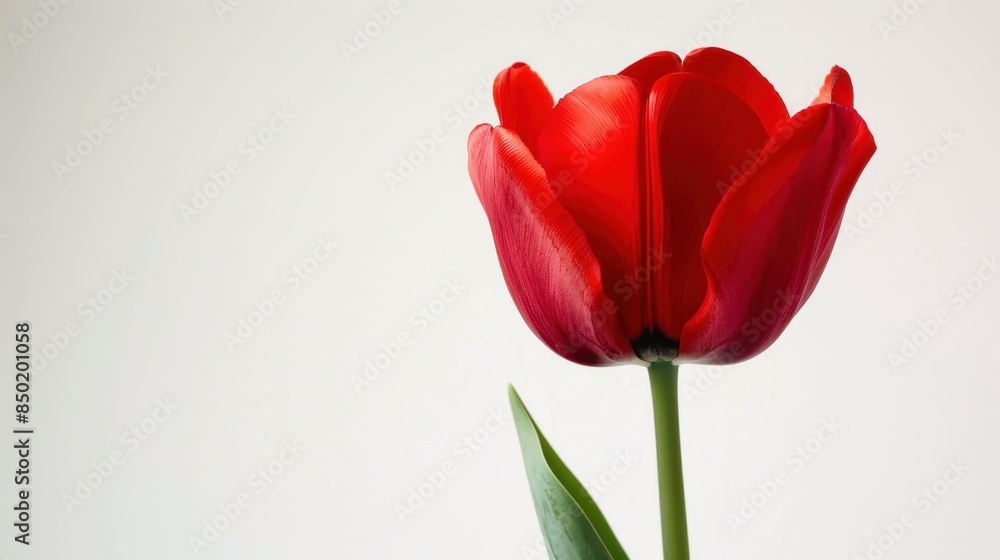 A vibrant red tulip bloom set against a pristine white background A vibrant red tulip bloom set against a pristine white background
