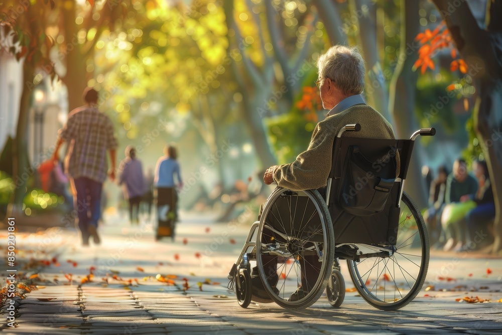 Obraz premium Elderly man in wheelchair enjoying a sunny autumn day in the park