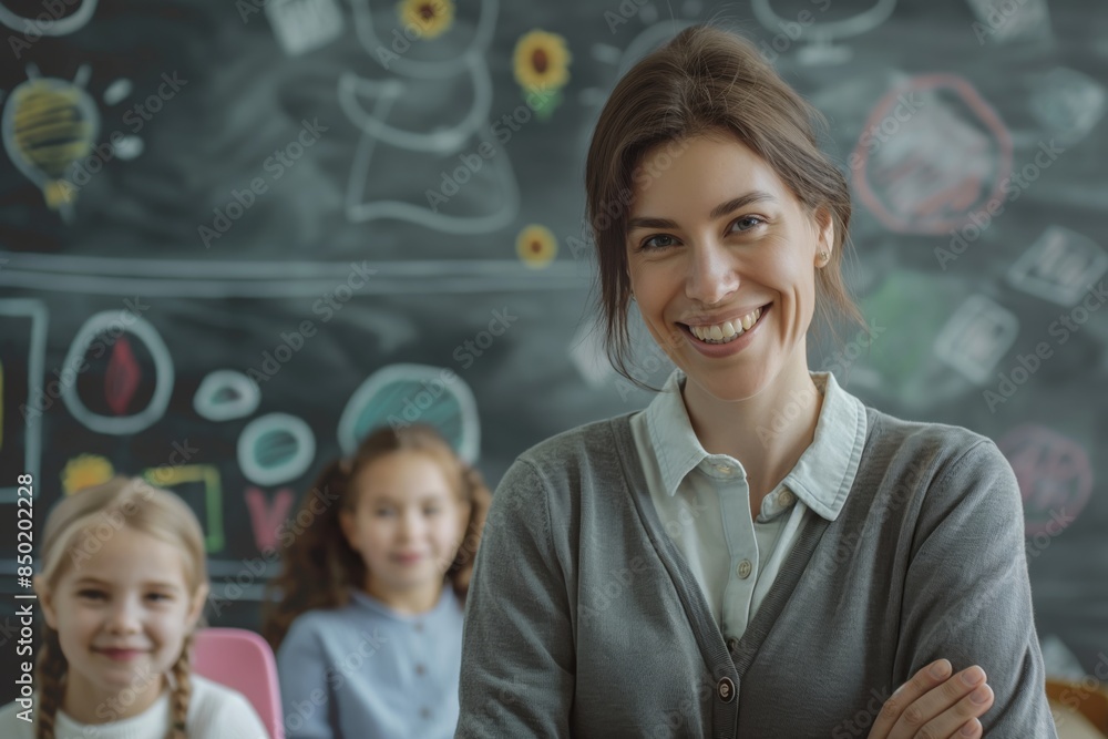 Smiling female teacher in front of chalkboard with students Smiling female teacher in front of chalkboard with students