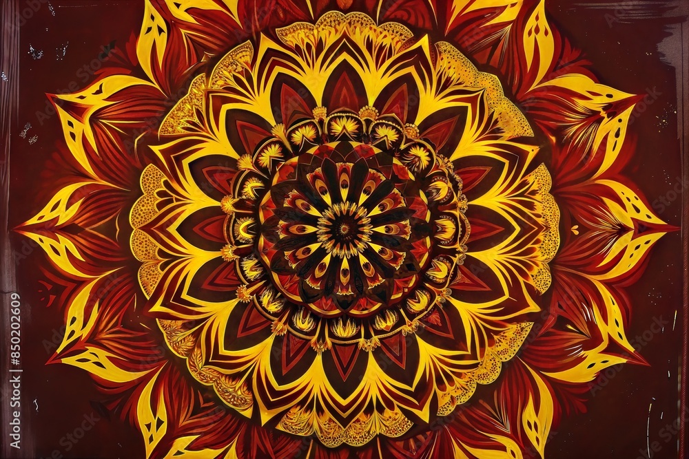 a vertical shot of a red and gold flower mandala on black background a vertical shot of a red and gold flower mandala on black background