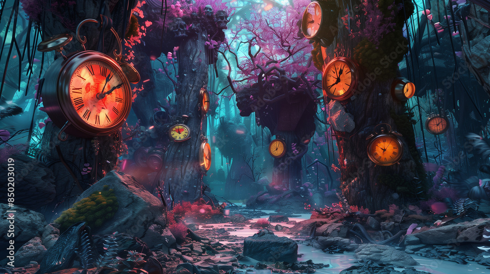 Obraz premium surreal landscape with hanging melting clocks in a mystical forest