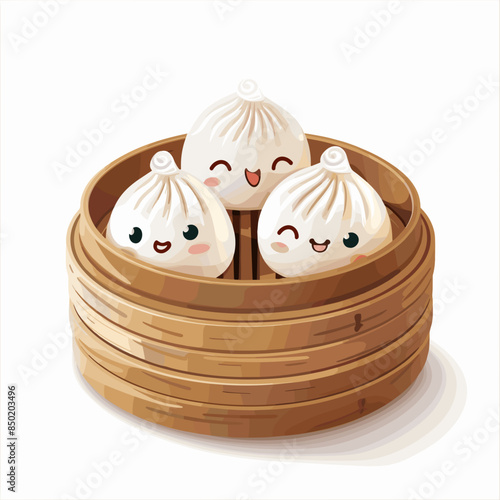 Cute Dim Sum Dumpling Characters in Bamboo Steamer Vector Illustration
