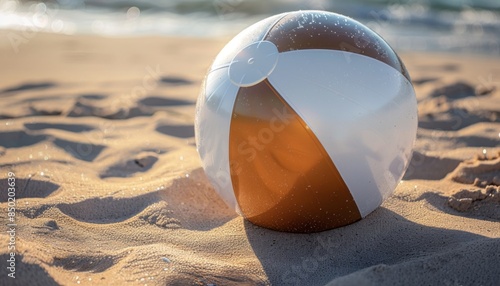 Beach inflatable ball on sand near sea