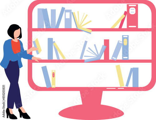 A girl is telling about the online books.