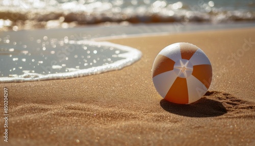 Beach inflatable ball on sand near sea