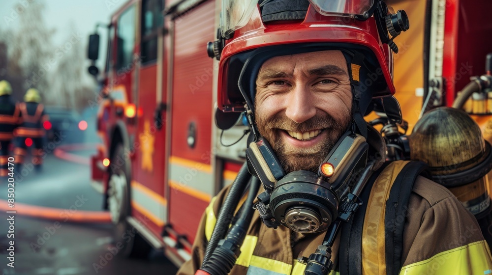Fototapeta premium A smiling firefighter poses in front of a fire truck