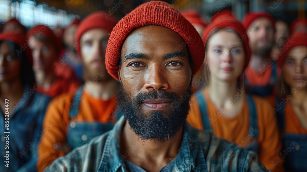 Group of people wearing red beanies and orange shirts standing together in unity, with focus on a man in the foreground. Diverse and united. Group of people wearing red beanies and orange shirts standing together in unity, with focus on a man in the foreground. Diverse and united.