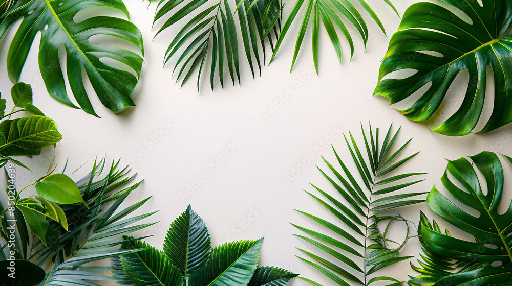 Tropical leaves on white background, top view, graphic poster PPT background Tropical leaves on white background, top view, graphic poster PPT background