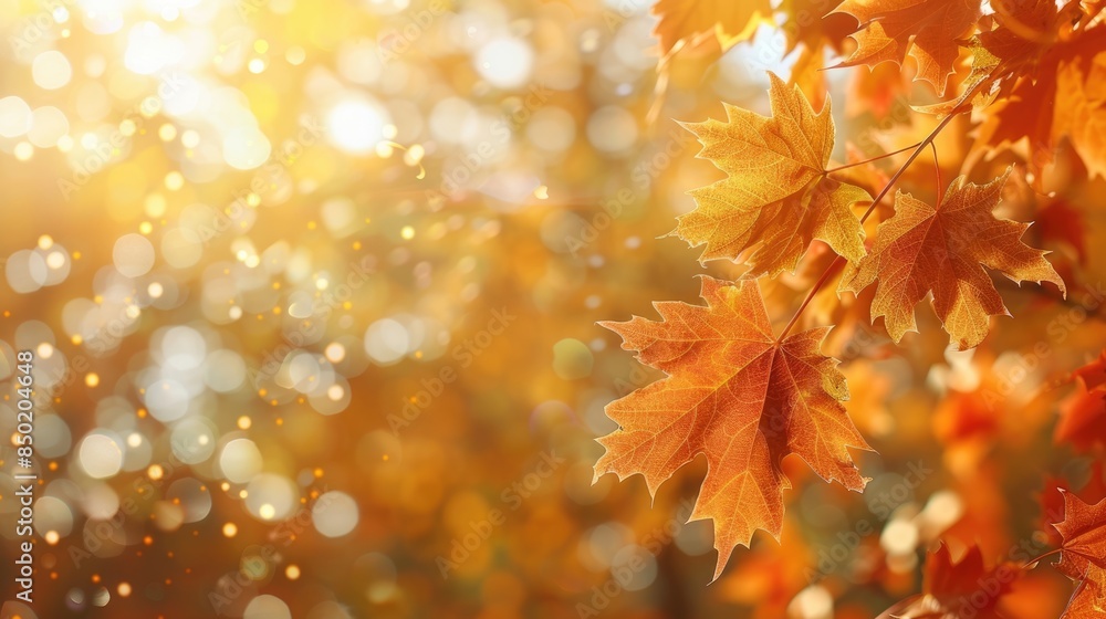 horizontal banner, Civil holiday in Canada, abstract background, golden maple leaves on a shining background of autumn trees, copy space, free space for text horizontal banner, Civil holiday in Canada, abstract background, golden maple leaves on a shining background of autumn trees, copy space, free space for text