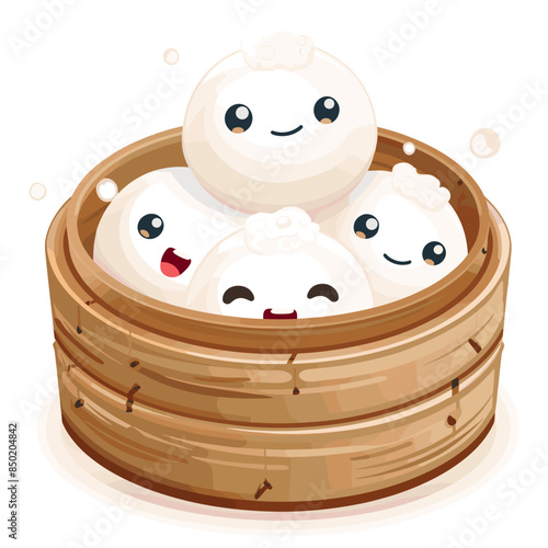 Cute Dim Sum Dumpling Characters in Bamboo Steamer Vector Illustration