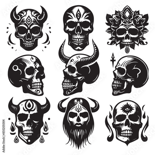 Silhouette set of skull head. Vector isolated illustration