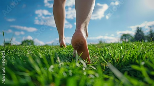 Backlit image of a person walking barefoot across a green lawn, with focus on the feet and sense of motion