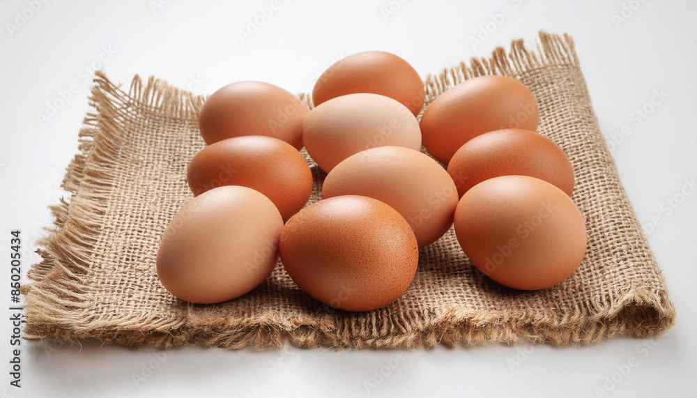 Several eggs are placed on a burlock cloth on a white surface Several eggs are placed on a burlock cloth on a white surface