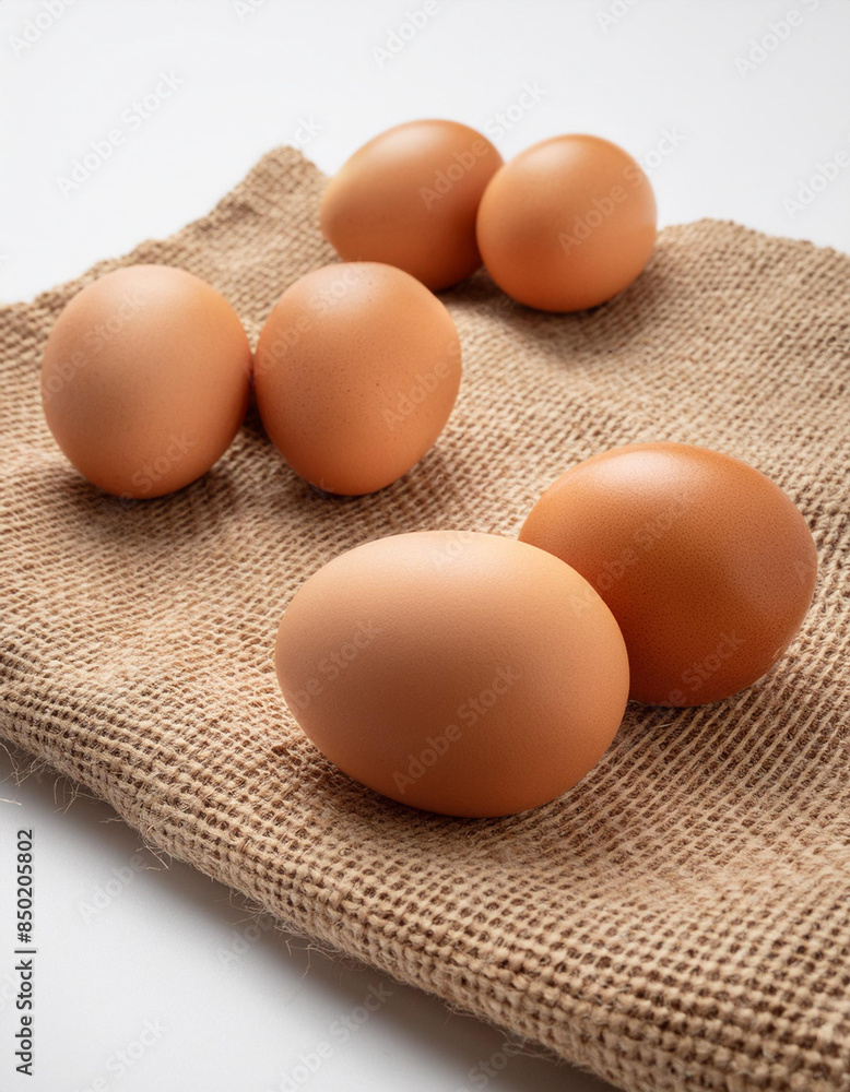 Several eggs are placed on a burlock cloth on a white surface Several eggs are placed on a burlock cloth on a white surface