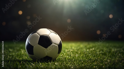 Soccer ball on green grass background, football background.