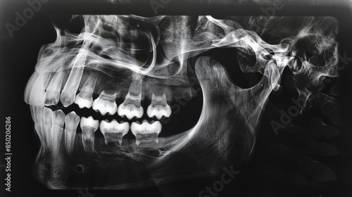 Detailed Xray of the lower jaw, showcasing the molars and premolars The image clearly displays the roots and any potential issues like cavities or bone loss photo
