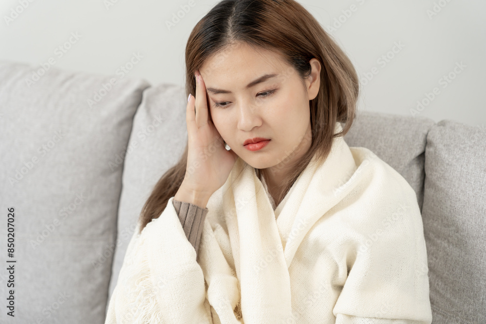 Headache, female having migraine pain, bad health, Asian woman feeling stress and headache, Office syndrome, sad tired touching forehead having migraine or depression, irritated girl, sadness grief Headache, female having migraine pain, bad health, Asian woman feeling stress and headache, Office syndrome, sad tired touching forehead having migraine or depression, irritated girl, sadness grief