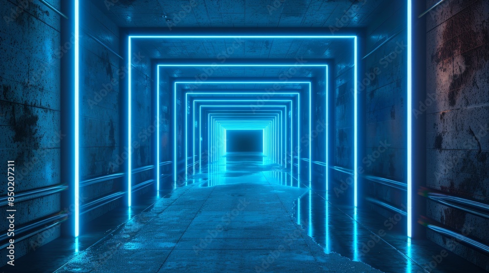 Fototapeta premium Futuristic neon-lit tunnel with glowing blue lights, creating a modern and sci-fi ambiance perfect for technology and innovation concepts.