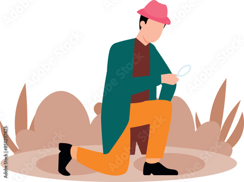 Boy tracing footsteps with magnifier.