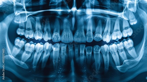 Highresolution dental Xray showing a clear image of the upper and lower jaw