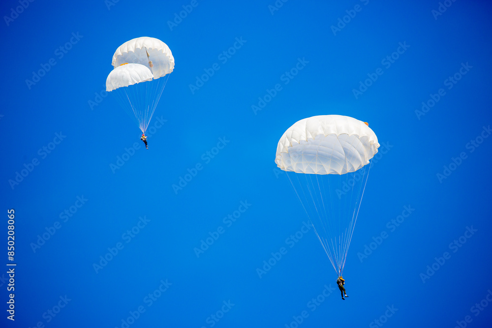 Skydiving. Flying parachutists against the background of the blue sky and mountains. Extreme sport and entertainment.