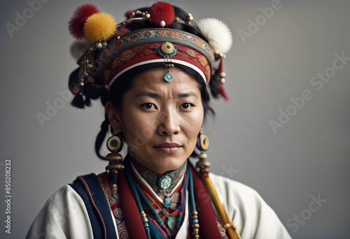 portrait of Tibetan woman in traditional dress, isolated white background