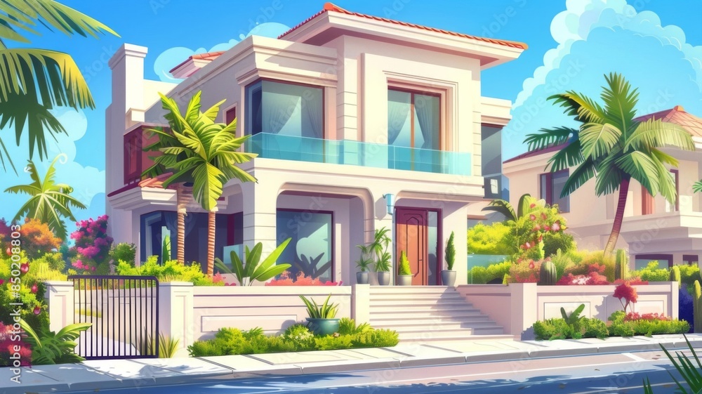 Modern villa on a street with palm trees. Cottage mansion on tropical country.