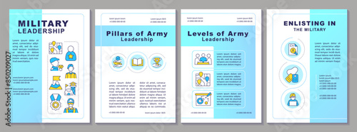 Military leadership brochure template. Combat training. Leaflet design with linear icons. Editable 4 vector layouts for presentation, annual reports. Arial-Black, Myriad Pro-Regular fonts used