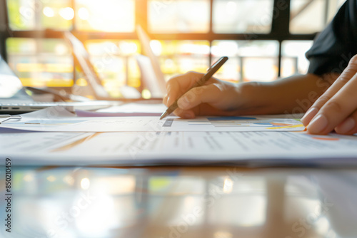 Close-up of hands writing on documents with sunlight streaming through a window, illustrating business, office work, or planning concept.